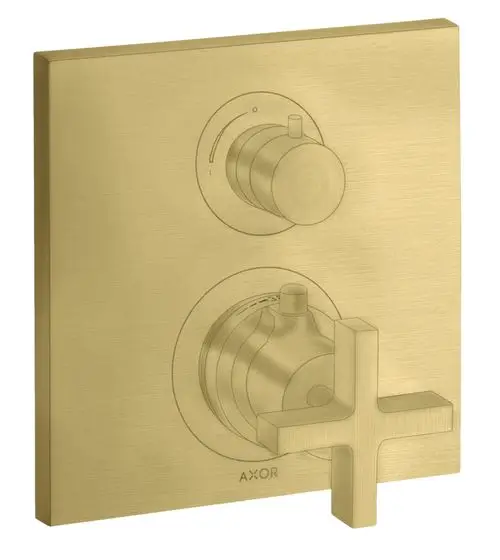 Thermostatunterputz mit Ab- und Umstellventil im Brushed Brass-Finish von AXOR, ausgestattet mit zwei Bedienknöpfen und einem Kreuzgriff.